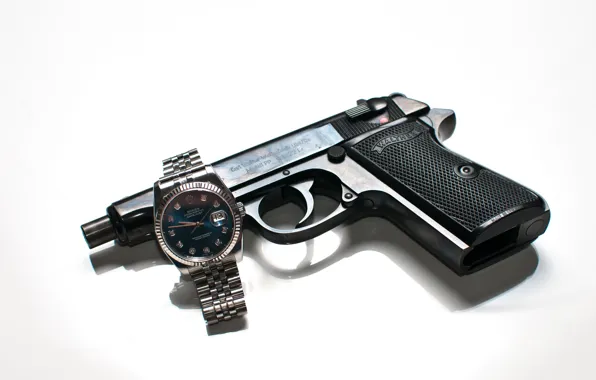 Gun, weapons, watch, Walther, self-loading, Rolex