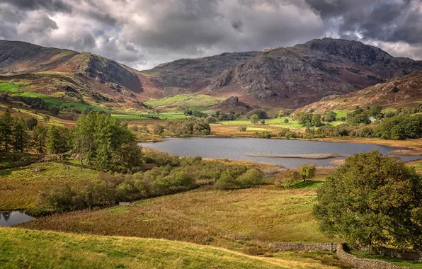Field, the sky, the sun, trees, mountains, clouds, lake, England