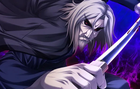 Magic, blood, katana, beard, the battle, red eyes, art, swordsman