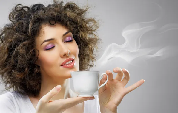 Picture girl, coffee, makeup, Cup, drink, curls, fun