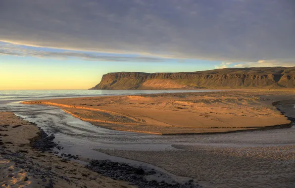 Sea, the sky, clouds, river, open, shore, the evening