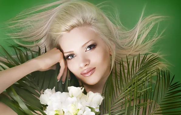 Picture girl, flowers, branches, face, green, background, portrait, makeup