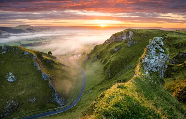 Road, summer, grass, the sun, clouds, light, sunset, mountains