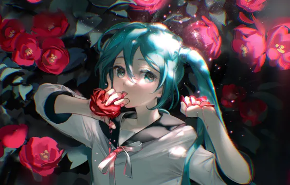 Vocaloid, Hatsune Miku, blue hair, licks, Hatsune Miku, sailor, red Camellia, protruding tongue