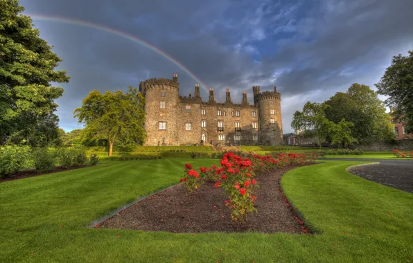 Flowers, Park, castle, rainbow, Ireland, Ireland, Kilkenny Castle