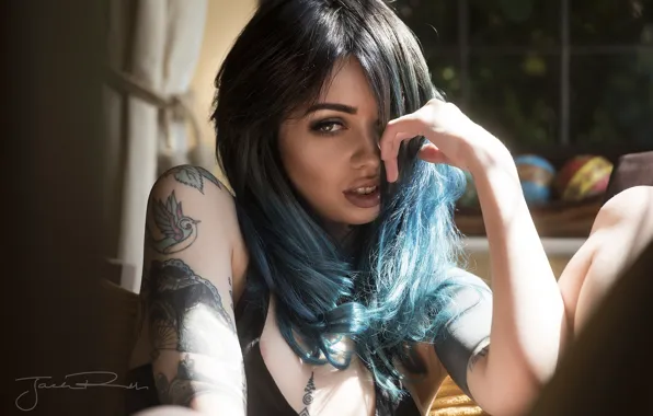 Picture look, model, tattoo, blue hair, Jack Russell, Michelle Cee