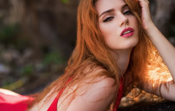 Look, girl, face, pose, hand, makeup, red, redhead