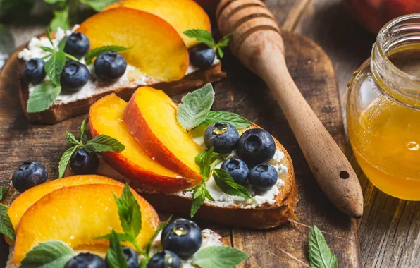 Berries, Board, blueberries, bread, honey, peaches, mint, slices