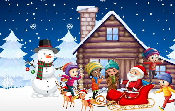 Snow, House, Children, Christmas, New year, Santa Claus, Deer, Tree