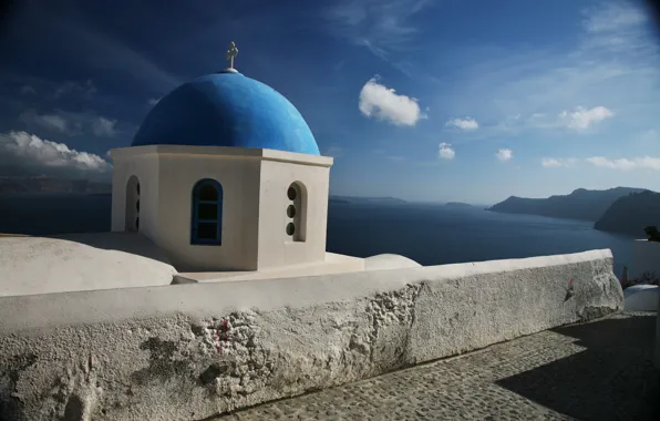 Picture sea, the sky, clouds, mountains, Santorini, Church, the dome, Greece