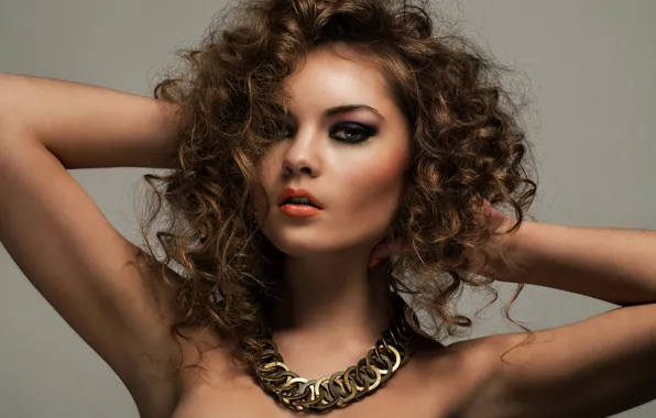 Girl, face, model, portrait, makeup, curls, necklace, Sergejs Rahunoks