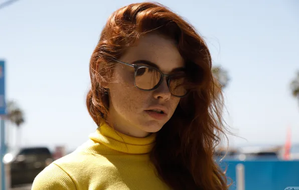 Picture the sun, model, portrait, makeup, glasses, hairstyle, freckles, in yellow