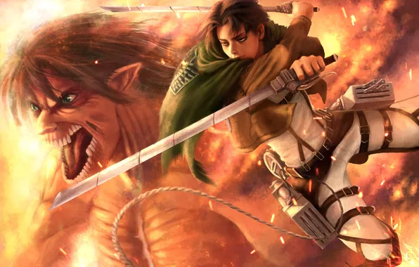 Picture fire, jump, warrior, swords, Titan, Levi, Attack on titan