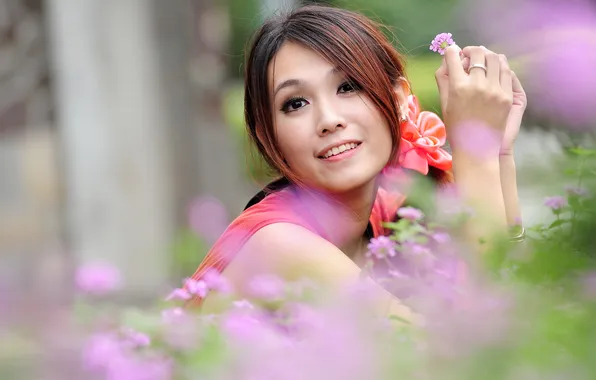 Summer, girl, flowers, Asian