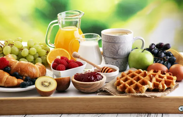 Food, Breakfast, cream, juice, fruit, honey, waffles, jam