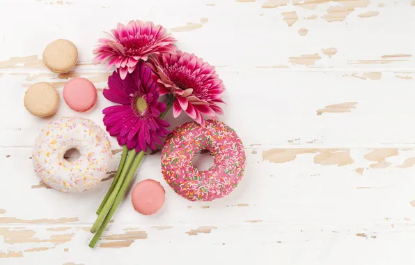 Flowers, donuts, gerbera, wood, pink, flowers, with love, macarons