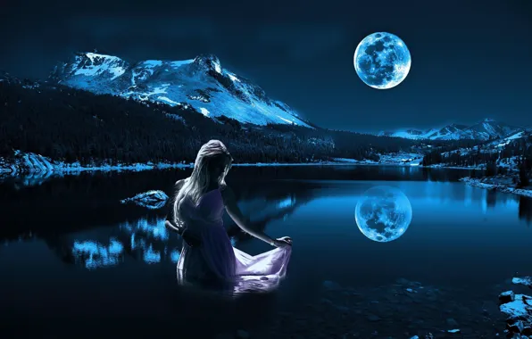 BLONDE, FOREST, NATURE, WATER, MOUNTAINS, NIGHT, SNOW, The MOON