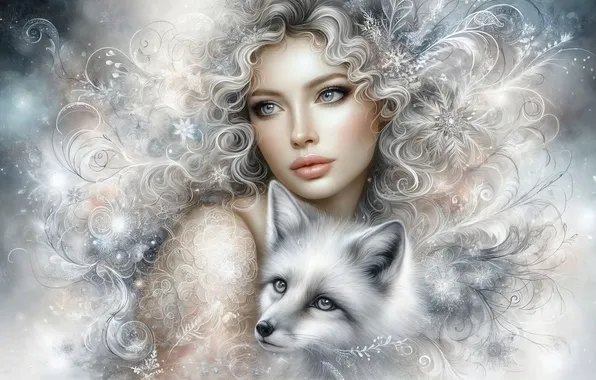 Winter, look, girl, snowflakes, animal, curls, portrait, fantasy