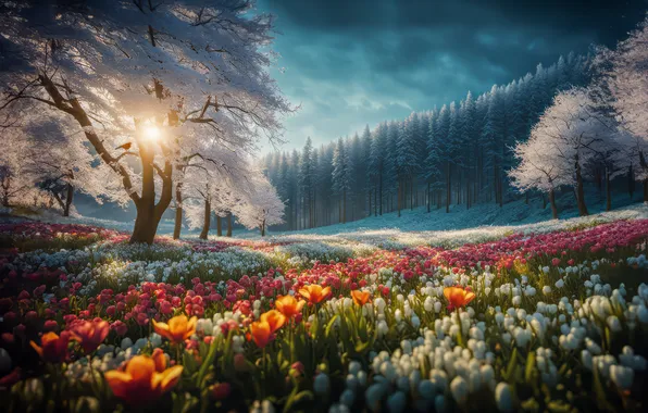 Winter, frost, forest, the sun, light, flowers, nature, glade
