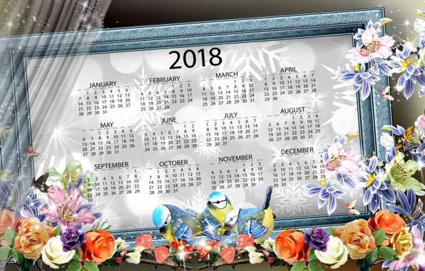 Flowers, new year, calendar, 2018