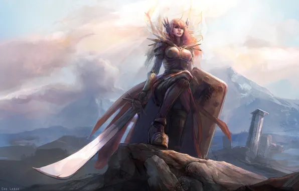 Picture girl, light, mountains, sword, armor, shield, League of Legends, Leona