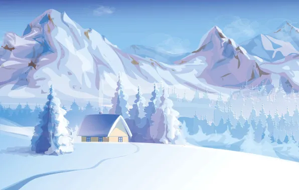 Picture winter, snow, trees, landscape, mountains, nature, house, vector