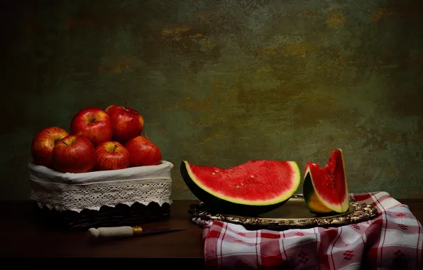 The dark background, table, apples, towel, watermelon, knife, still life, box