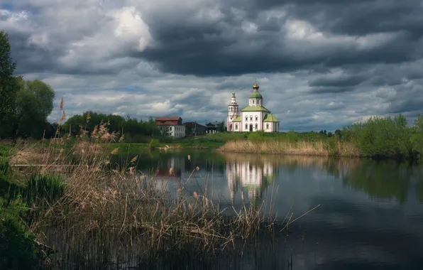 Clouds, clouds, lake, reflection, shore, reed, Church, temple