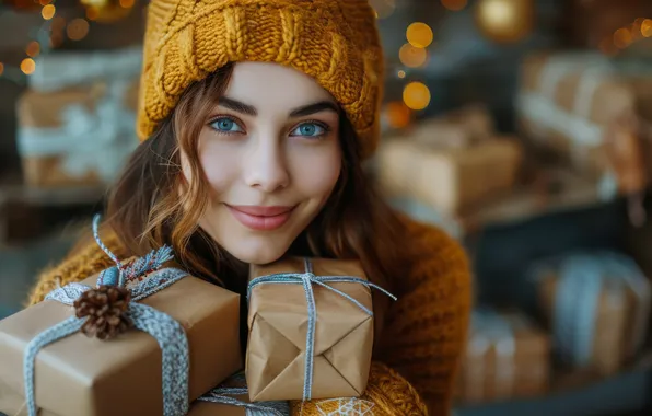 Winter, look, girl, joy, face, smile, holiday, hat