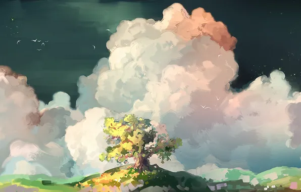Clouds, trees, bird, art, painted landscape