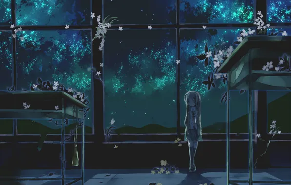 Flowers, night, anime, Sakura, window, girl, schoolgirl, school