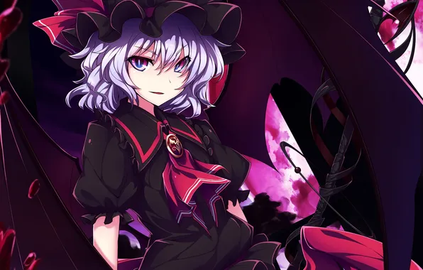 Look, girl, the moon, blood, wings, the demon, touhou, remilia scarlet