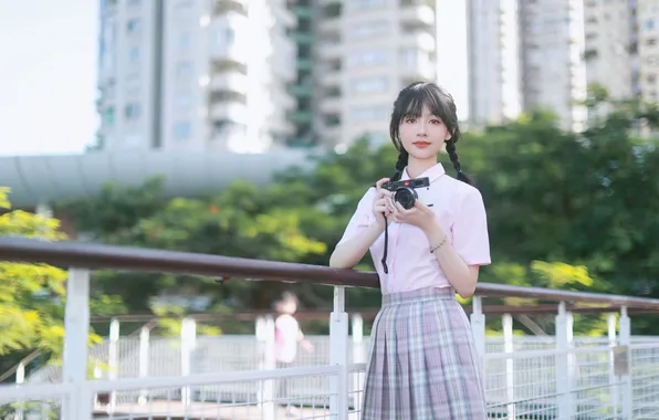 City, Beautiful, Asian, Model, Bridge, Camera, Woman, Building