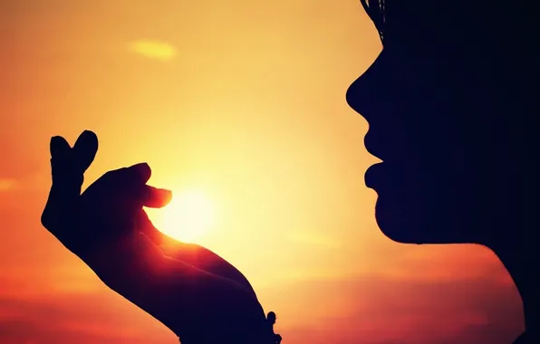 Picture the sky, girl, the sun, sunset, face, hand, silhouette