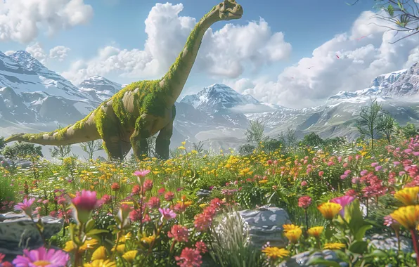 Flowers, Mountains, Trees, Dinosaur, Neck, Animal, Digital art, Ancient animals