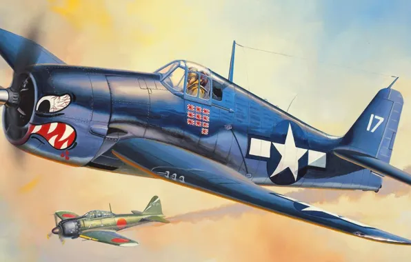 Picture war, art, aviation, ww2, pacific war, The Grumman F6F Hellcat, painting.dogfight, Mitsubishi A6M Zero
