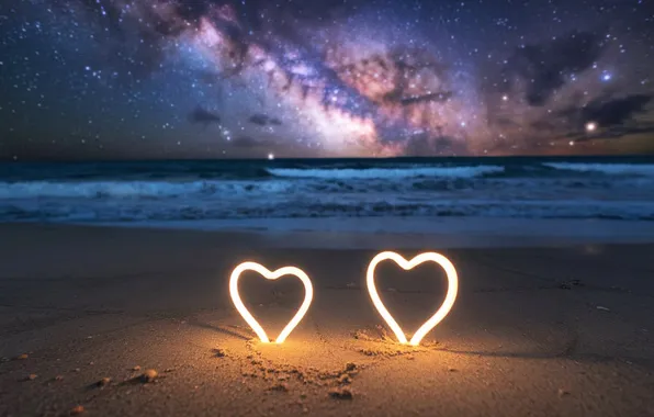 Sand, sea, wave, beach, stars, night, lights, lights