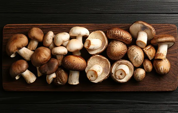The dark background, mushrooms, Board, a lot, different, mushrooms, AI art, neural network