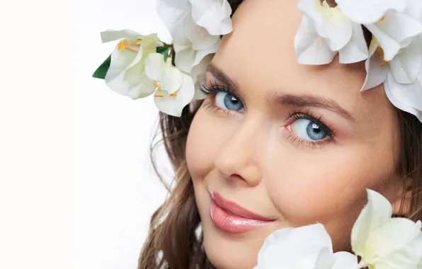 Picture look, flowers, close-up, face, smile, makeup, white background, brown hair