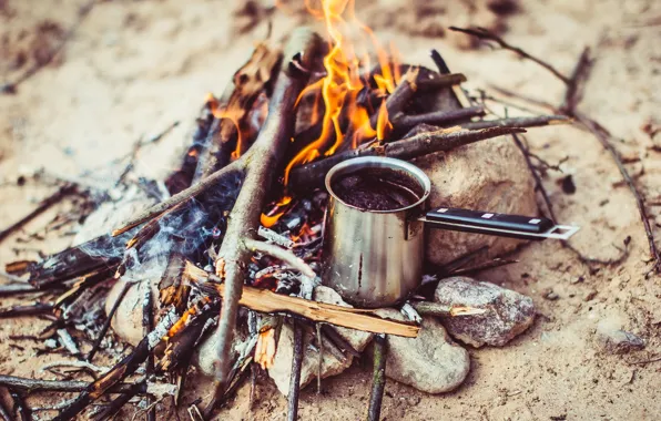 Picture coffee, morning, the fire, hike, morning, Coffee