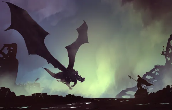 Figure, Dragon, Monster, Silhouette, Warrior, Art, Fiction, Landscapes