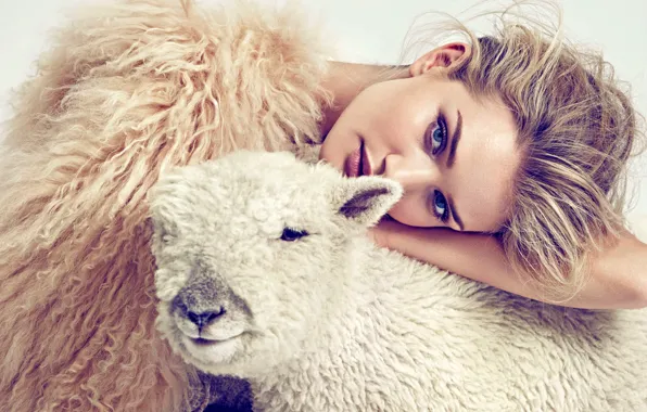 Girl, face, model, makeup, sheep, Rosie Huntington-Whiteley, Rosie Huntington-Whiteley, lamb