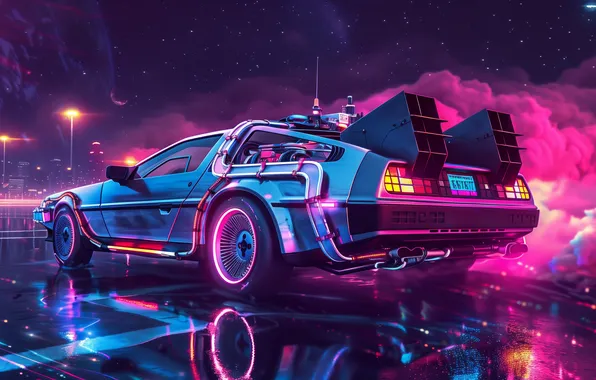 Picture car, colorful, smoke, DeLorean, illustration, synthwave, AI art