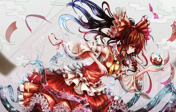 Girl, magic, anime, art, bow, touhou, hakurei reimu, kiyomasa ren