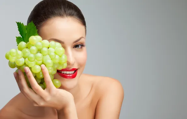 Picture girl, green, smile, berries, lipstick, brunette, grapes, lips