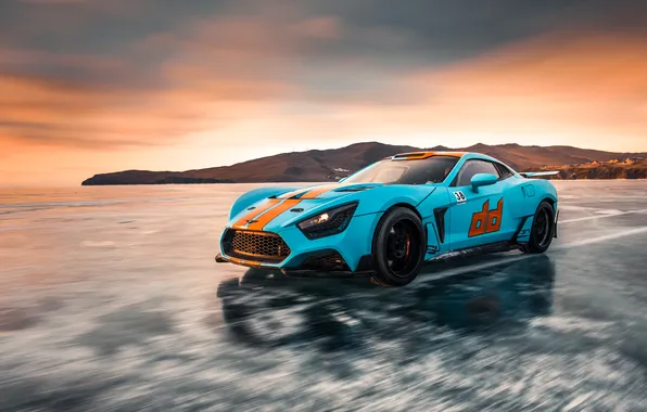 Car, ice, Russia, sky, sunset, clouds, Drift cars, Frontal View