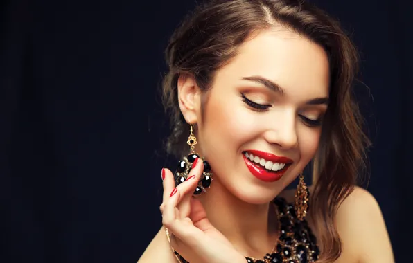 Picture look, girl, smile, earrings, makeup, brown hair, manicure