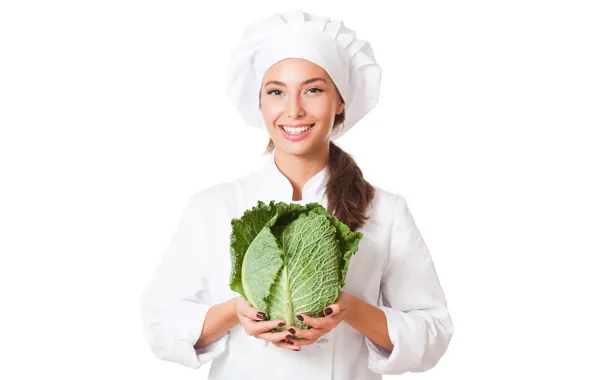 Wallpaper Bathrobe, brown hair, smile, cap, uniform, cabbage, white background, beautiful