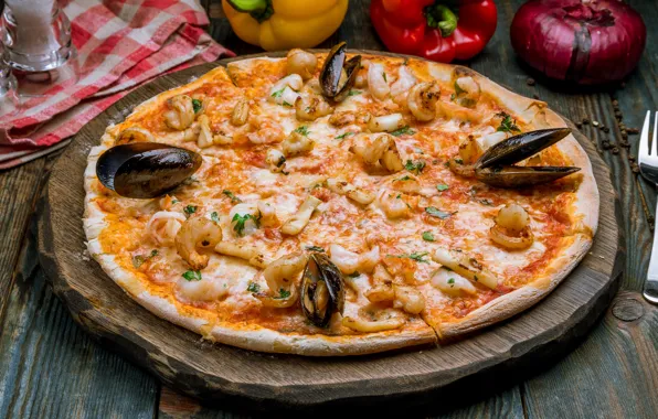Food, cheese, bow, pizza, seafood, the dough, pepper