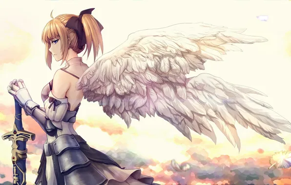 Picture girl, sword, weapon, anime, wings, feathers, purple eyes, angel